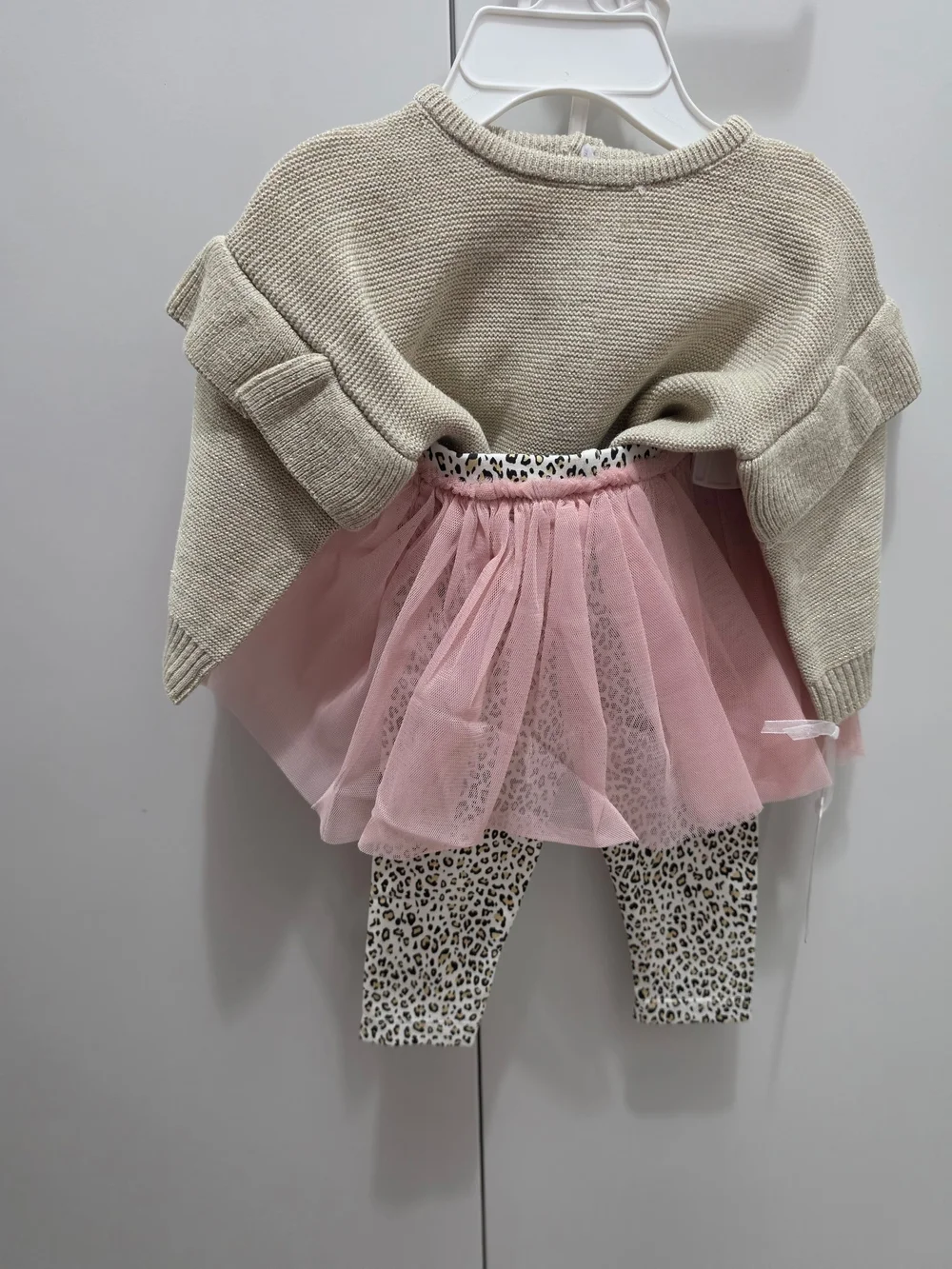 2 pcs Kids Matching Set - Beige Knit Sweater with Pink Tulle Skirt Leggings